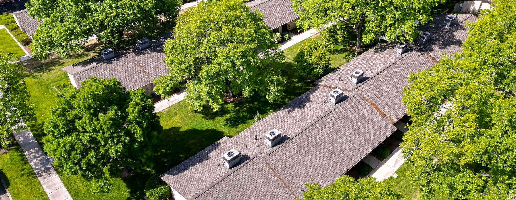 a building surrounded by trees